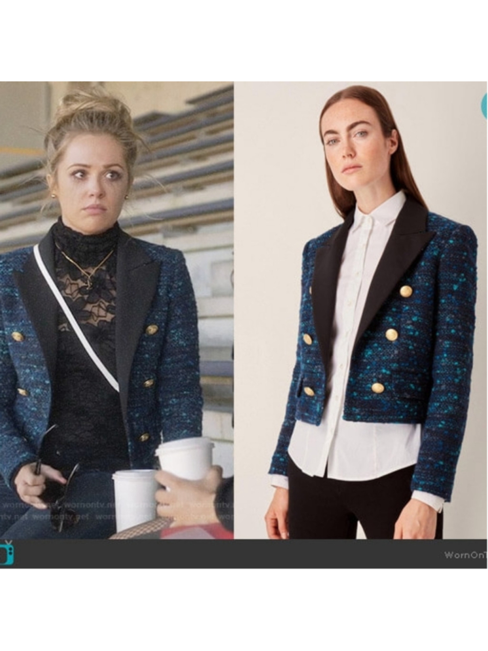 Judith And Charles Women's Blue Tweed Jacket with Black Lapel Size 10(fits small